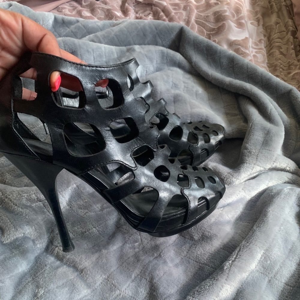 Caged peep toe booties